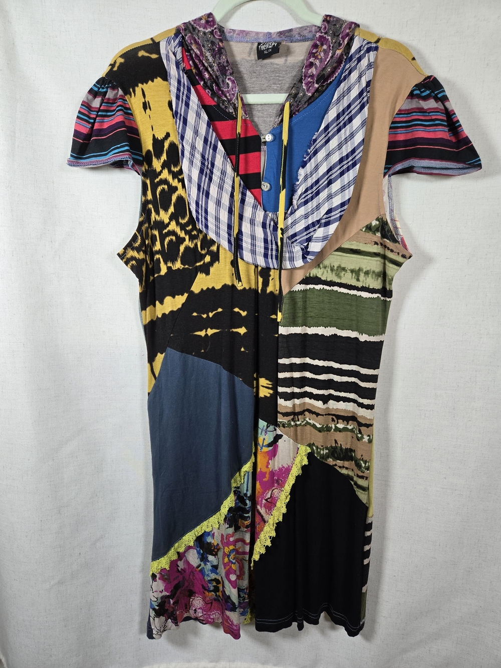 Shop Therapy Mixed Media Patchwork Tunic Dress | Boho Artistic Hooded Top | XL